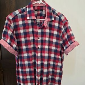 Casual Checkered Button-Down Shirt - Red, Blue, and White